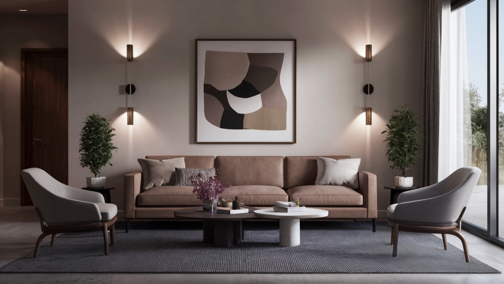 Modern living room featuring sleek, wall-mounted dimmer