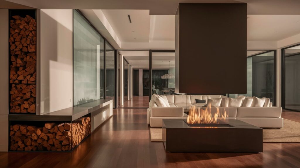 Modern Minimalist Living Room With A Sleek, Built-in Firewood