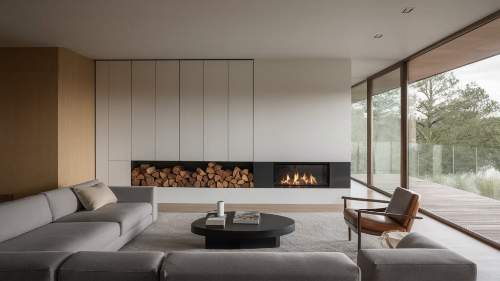 Modern Minimalist Living Room With A Sleek, Built-in Firewood Storage Unit