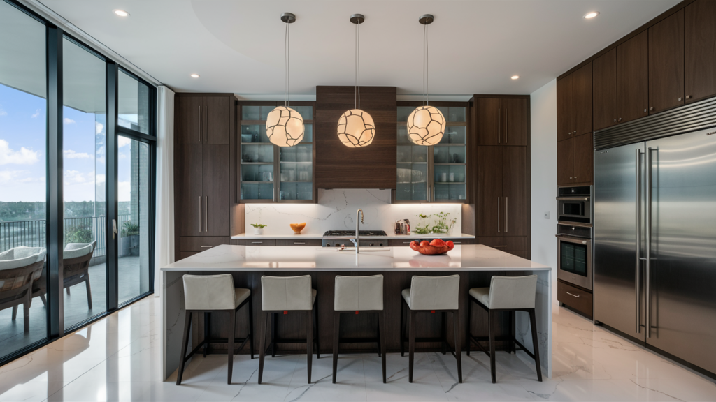 Modern open-concept kitchen with floor-to-ceiling windows