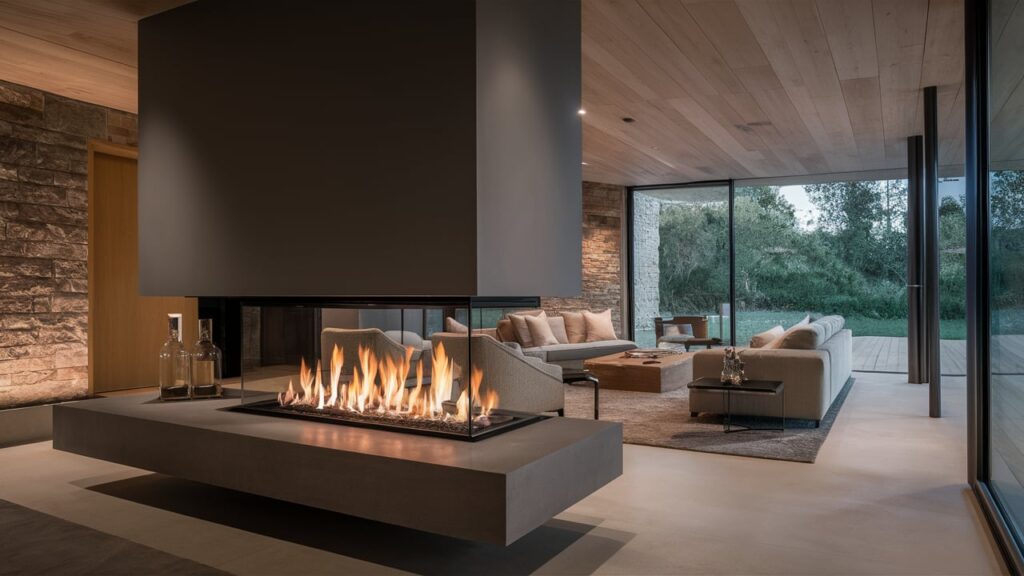 Modern two-sided fireplace with sleek glass panels
