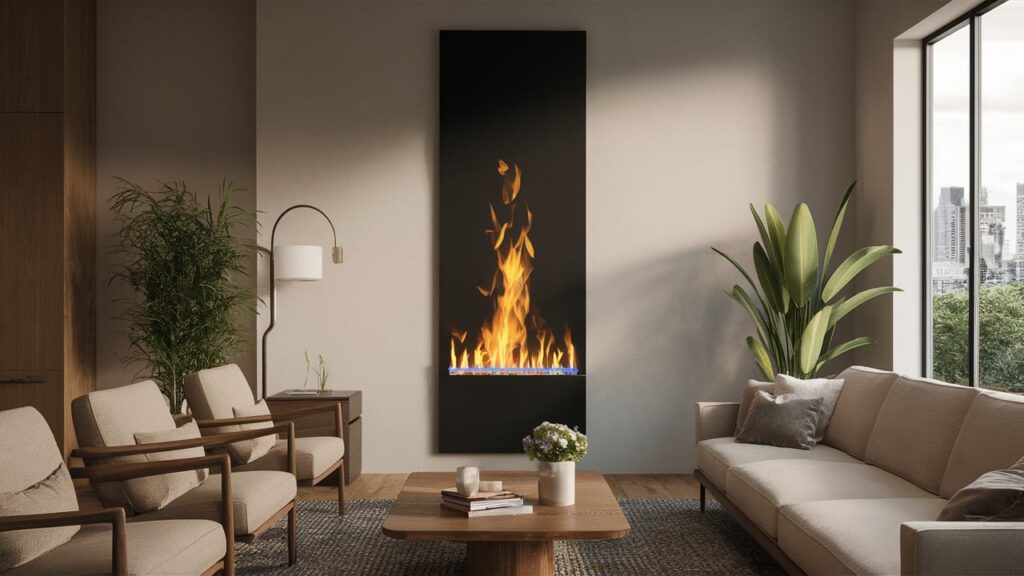 Modern vertical fireplace designed for small living rooms