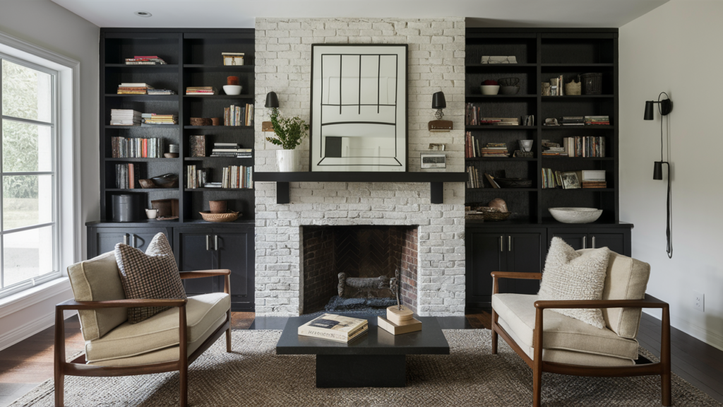 Modernize your brick fireplace with a striking black-and-white contrast