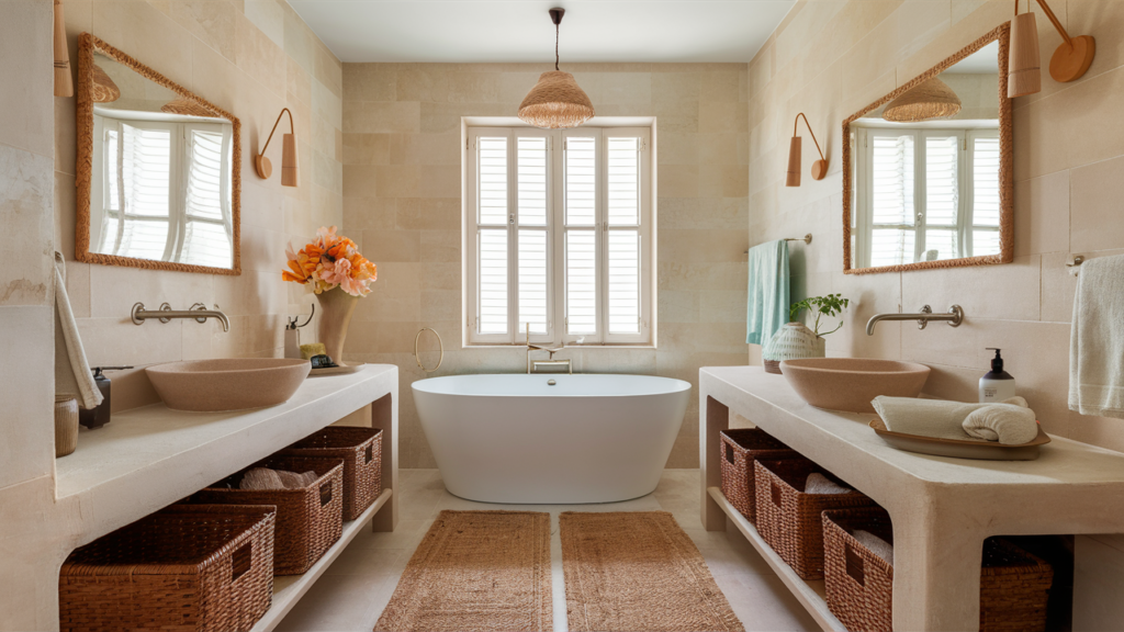 Neutral-toned bathroom with jute rugs, wicker storage baskets