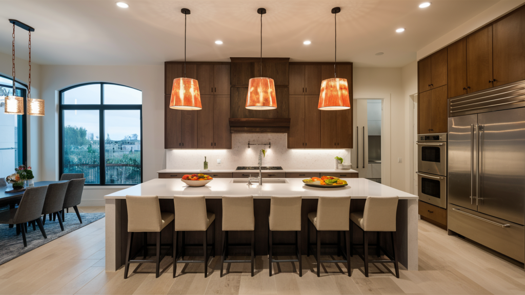 Open-concept kitchen with a large island, integrated seating