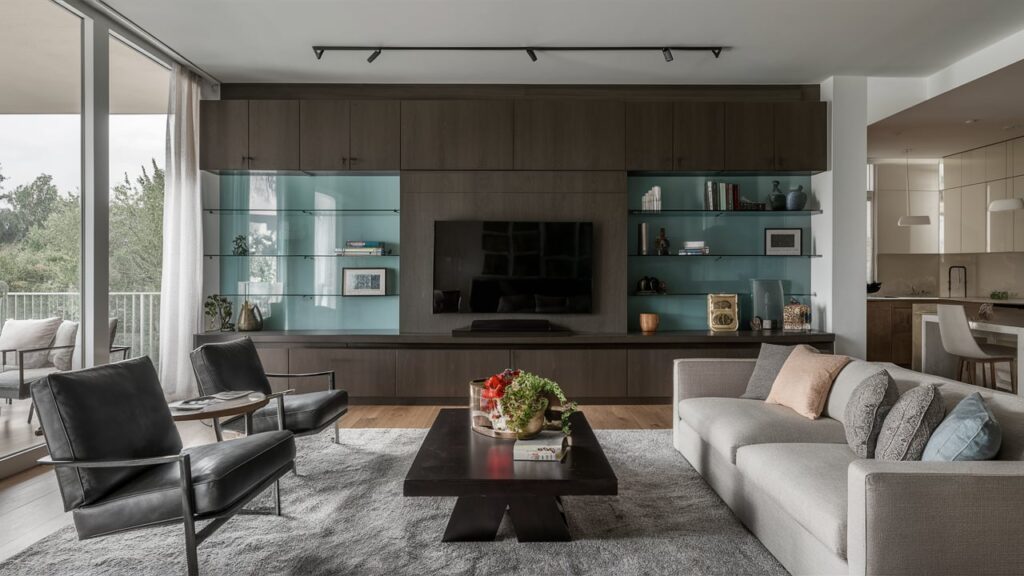 Open-concept living room with modern wall-mounted cabinets and glass shelves