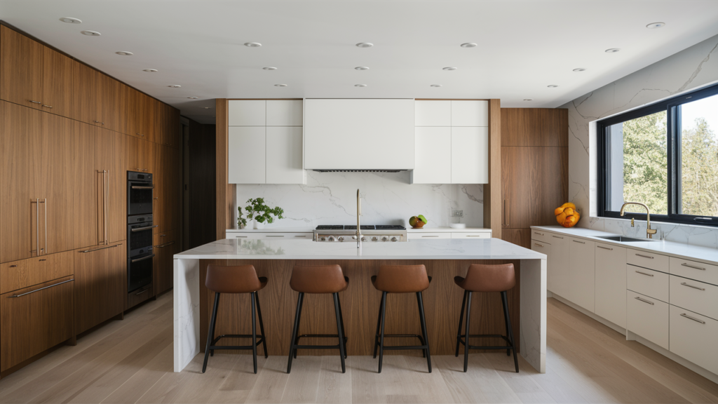 Open-plan white and wood kitchen with floor-to-ceiling wood paneling