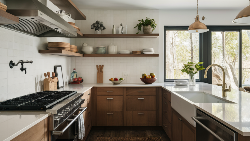 Open shelving in the kitchen paired with closed cabinets