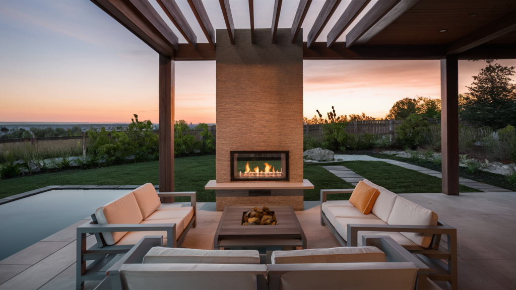 Outdoor fireplace with a tall, slender design and sleek stone finish