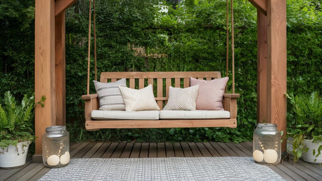 Relaxing Outdoor Retreat With A Wooden Bench Swing