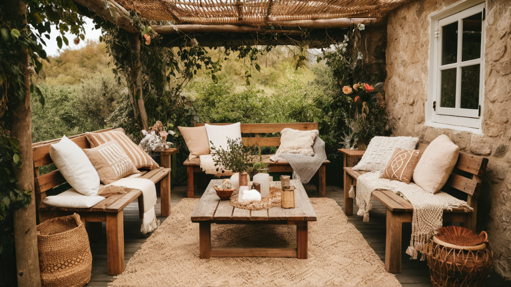 Rustic Boho Patio With Wooden Benches And Throws