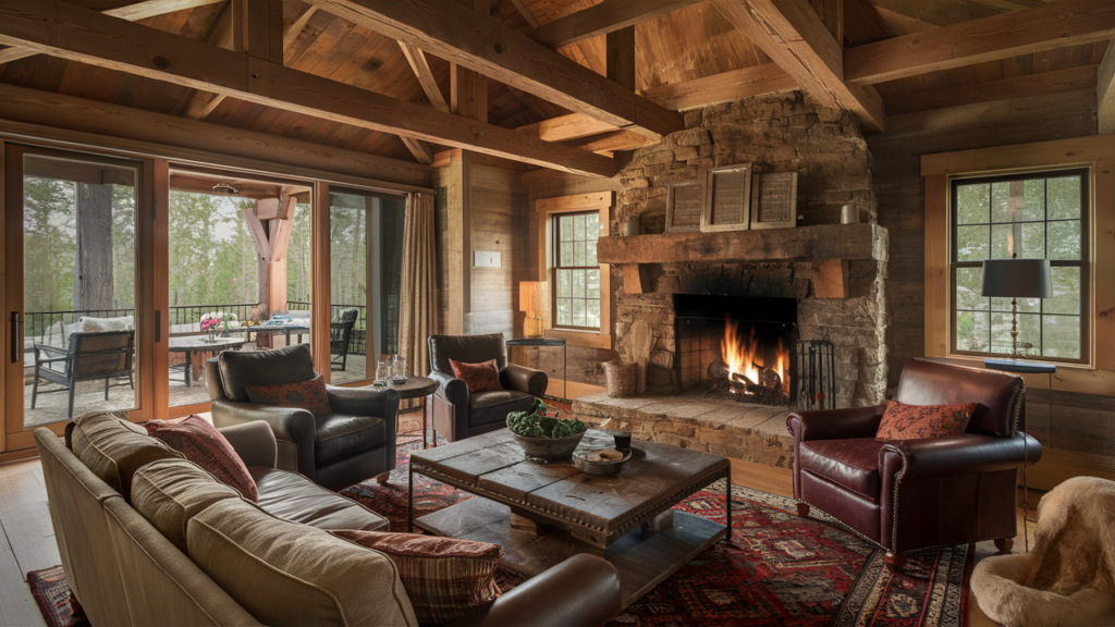 Rustic cabin-inspired fireplace room with exposed wooden beams