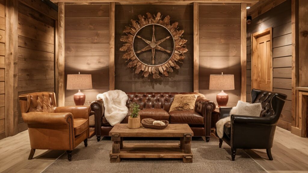 Rustic cozy hall decor featuring a leather sofa, wooden coffee table