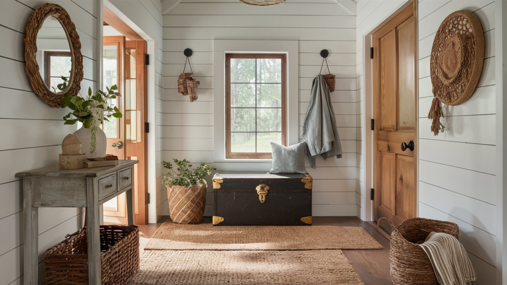 Rustic Entryway With A Vintage Trunk, Distressed Wooden Side Table