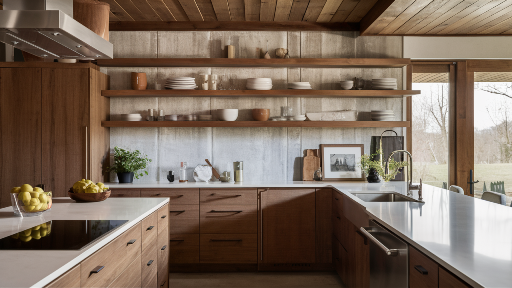 Rustic farmhouse kitchen with open wooden shelves