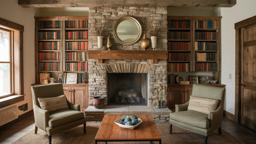 Rustic fireplace with a stone surround and reclaimed wood bookshelves