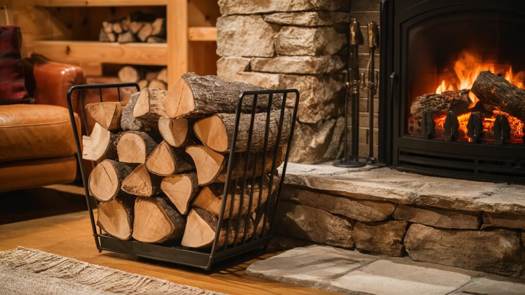 Rustic Firewood Storage Solution Beside A Stone Fireplace