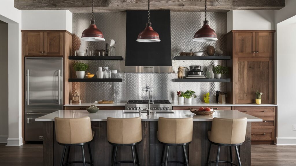 Rustic industrial kitchen with reclaimed wood beams