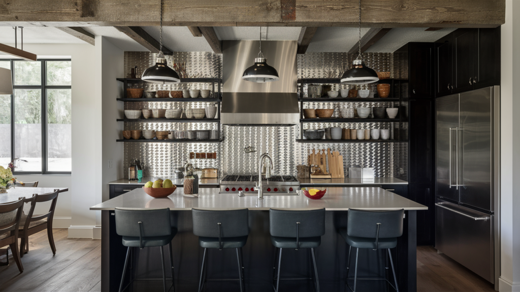 Rustic industrial kitchen with reclaimed wood beams