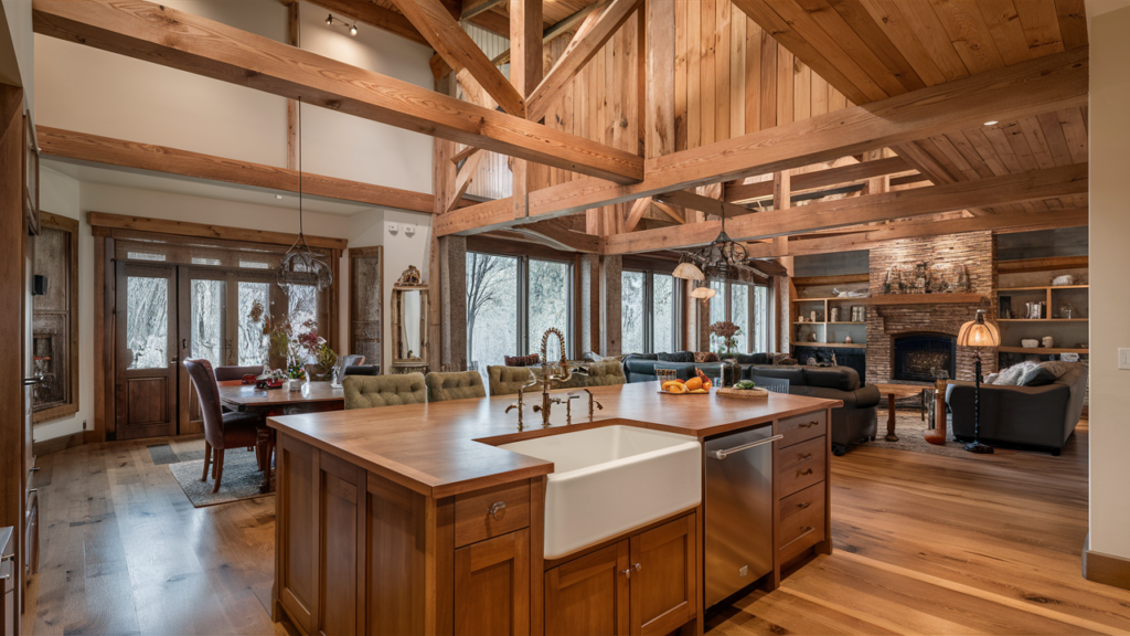 Rustic open-concept kitchen with exposed wooden beams