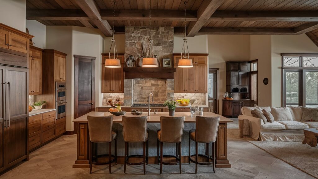 Rustic open kitchen with a wood beam