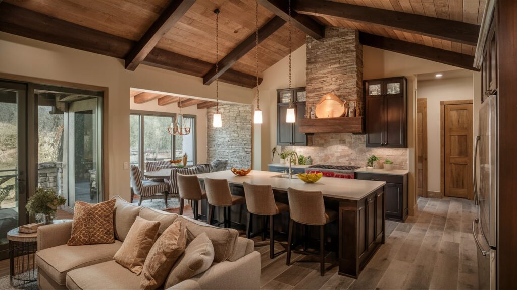 Rustic open kitchen with a wood beam ceiling, stone accents