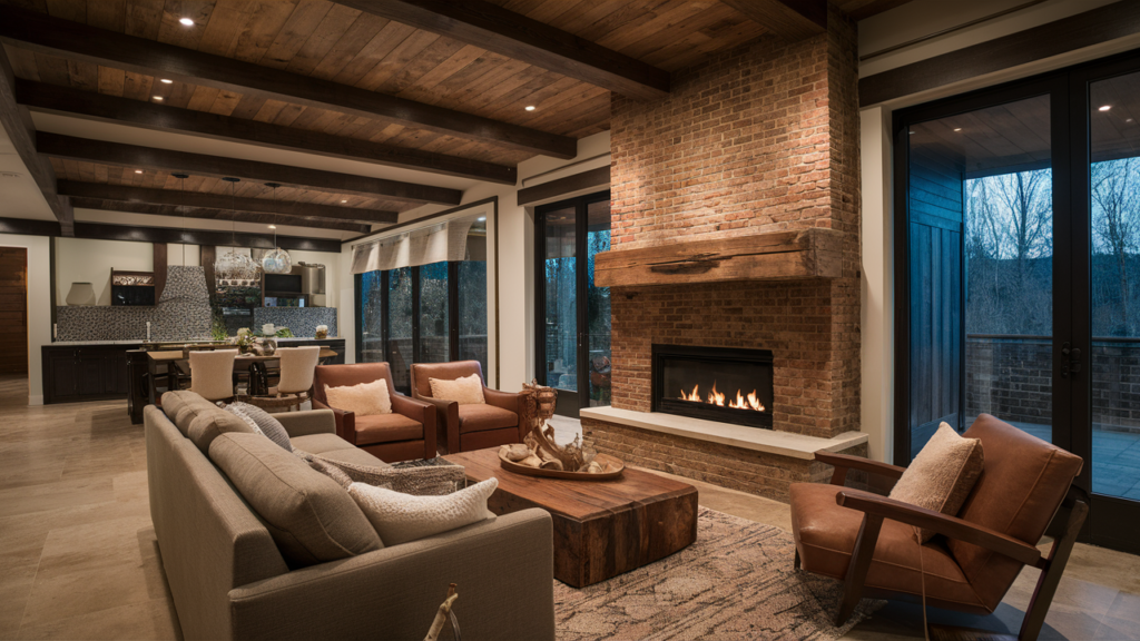 Rustic two-sided fireplace design, featuring reclaimed wood mantel