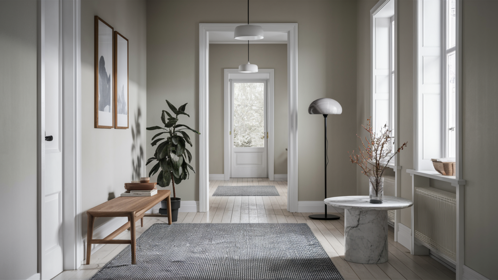 Scandi-inspired Hall Featuring A Minimalist Wooden Bench