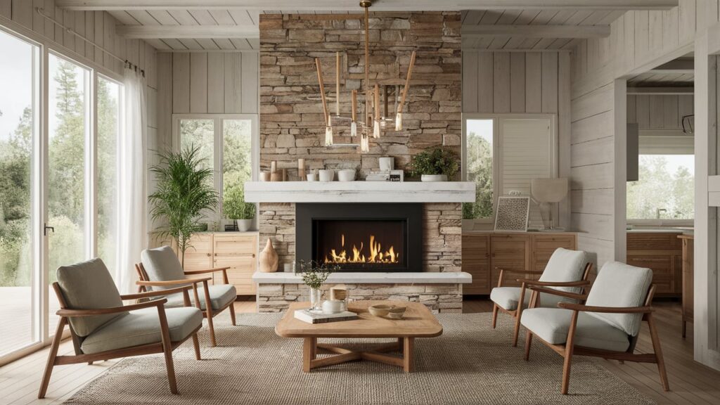 Scandinavian-inspired two-sided fireplace