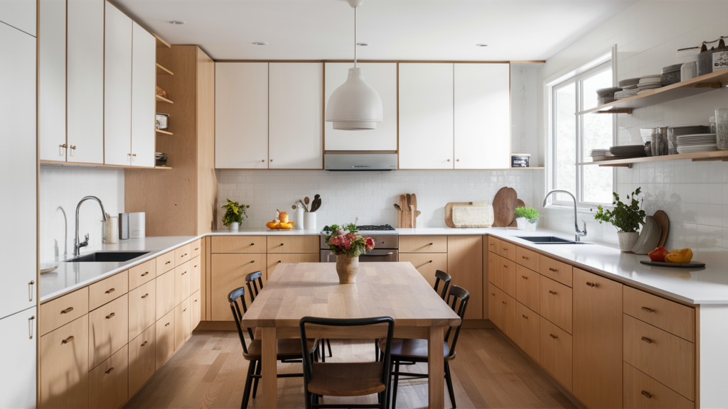 Scandinavian-inspired white and wood kitchen with pale birch cabinets