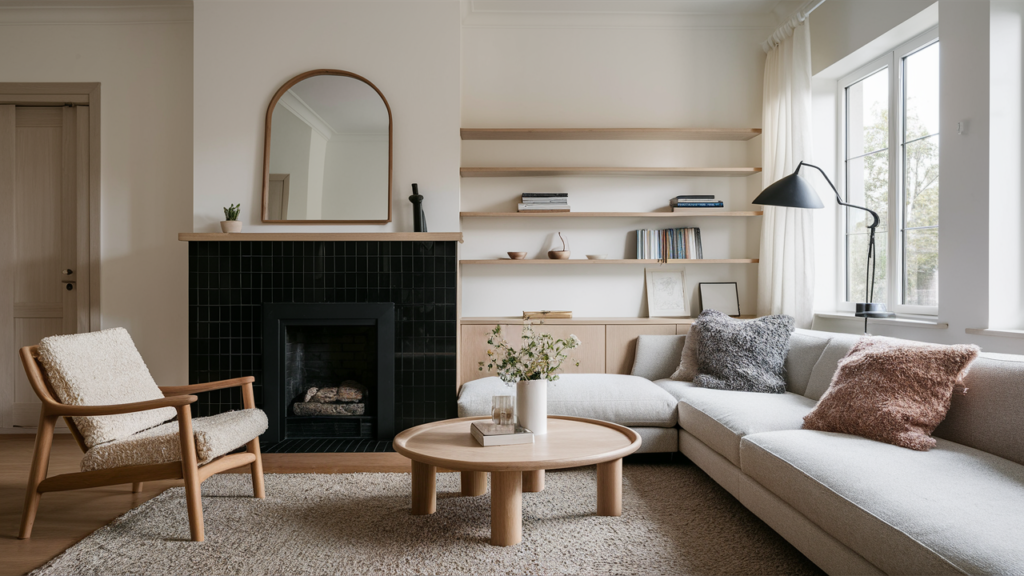 Scandinavian Living Room Featuring A Black Tiled Fireplace