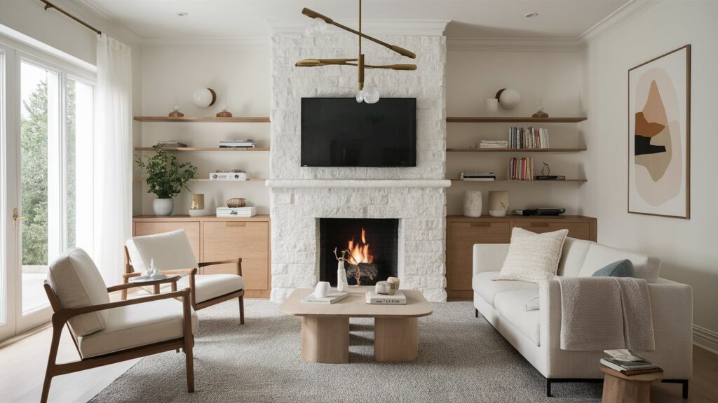 Scandinavian-style living room with a sleek white stone fireplace