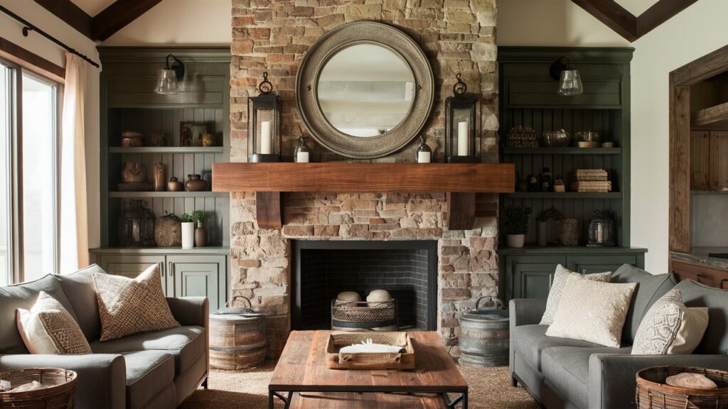 Simple Farmhouse Mantel With A Deep Wood Tone