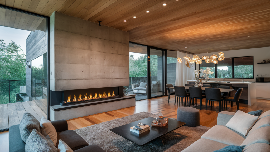 Sleek built-in fireplace with a modern concrete surround