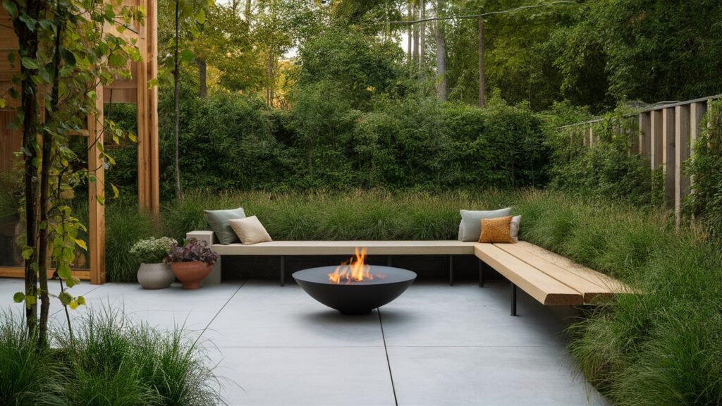 Sleek Concrete Patio With A Simple Wooden Bench