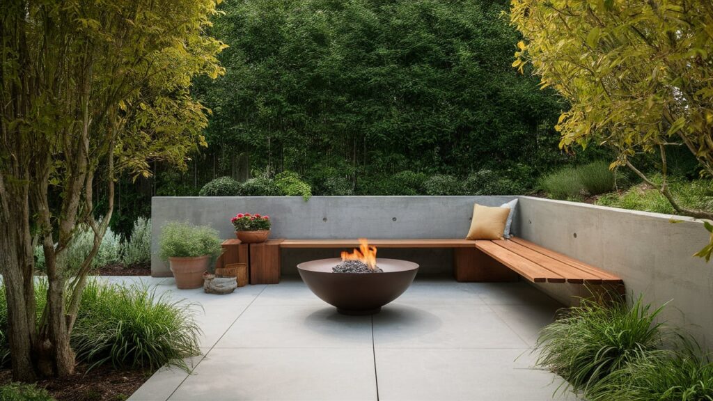 Sleek Concrete Patio With A Simple Wooden Bench, Potted Plants