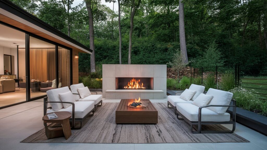 Sleek Patio With An Open Fireplace, Modern Outdoor Rug