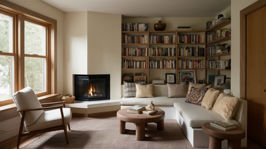 Small, cozy living room with a built-in corner fireplace