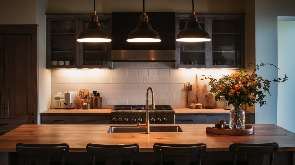 Soft, warm under-cabinet puck lights in a cozy farmhouse kitchen