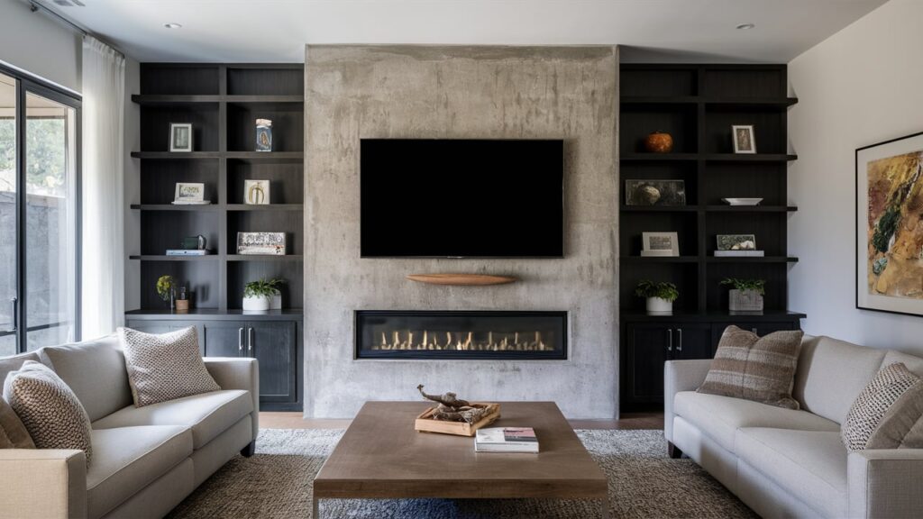 Sophisticated statement wall with a textured concrete fireplace