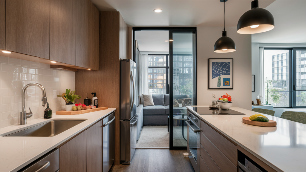 Space-efficient small kitchen with a double sink