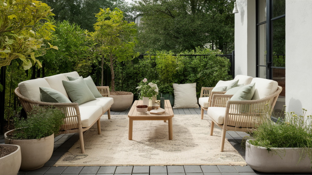 Spring Outdoor Lounge A minimalist spring patio with light wicker furniture