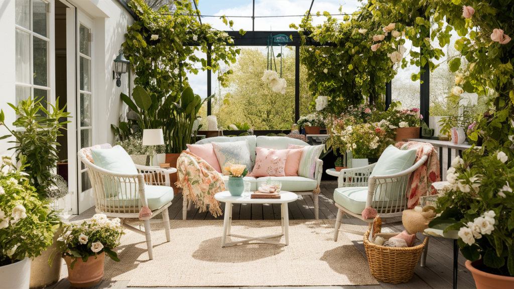 Spring Patio Vibes A bright, airy patio with pastel-colored cushions