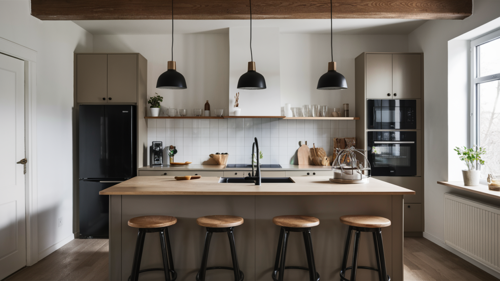 Stylish Scandinavian kitchen with matte black appliances, wooden beams