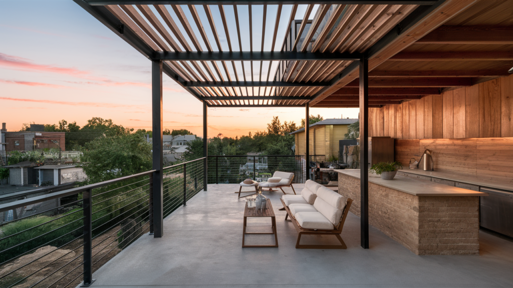 Stylish Urban Patio With Concrete Flooring, Metal Railings