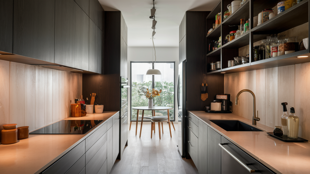 Use vertical storage in a galley kitchen, such as tall cabinets or hanging racks