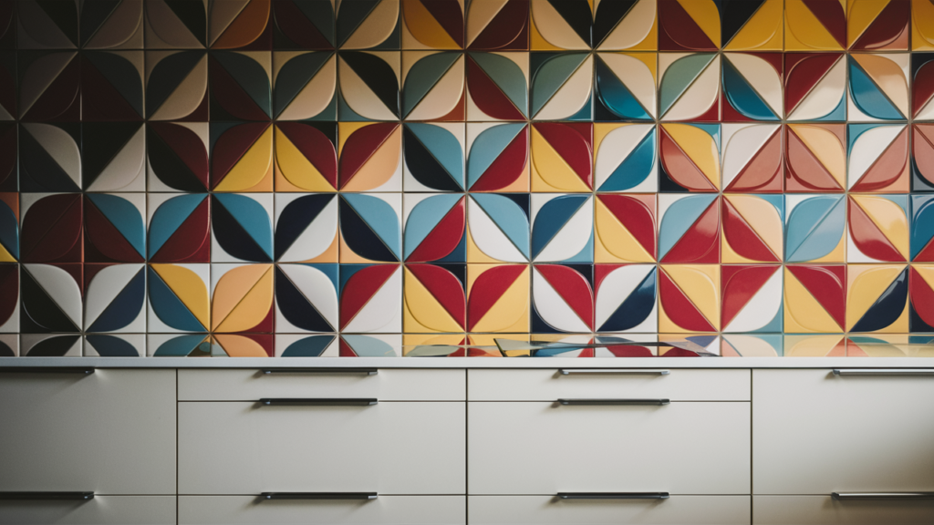 Vibrant geometric tile backsplash in bold colors