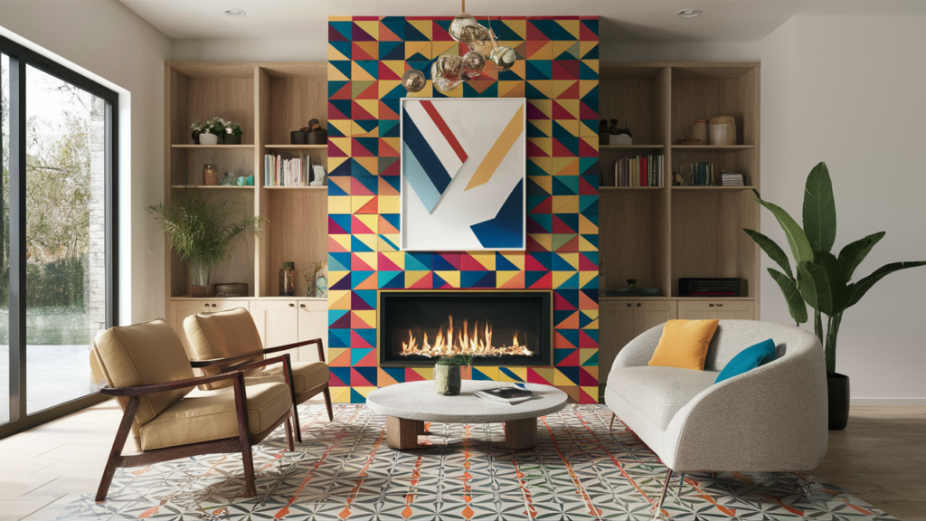 geometric tile pattern around a modern fireplace