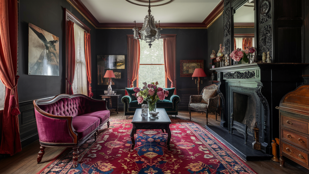 Victorian-style living room with a dark wood fireplace