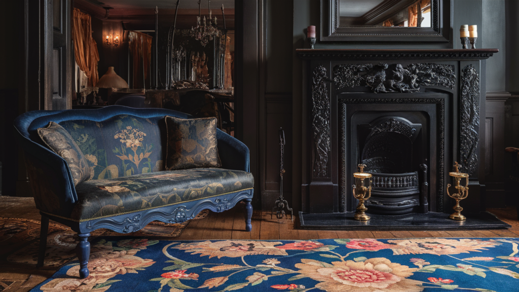 Victorian-style living room with a wood fireplace